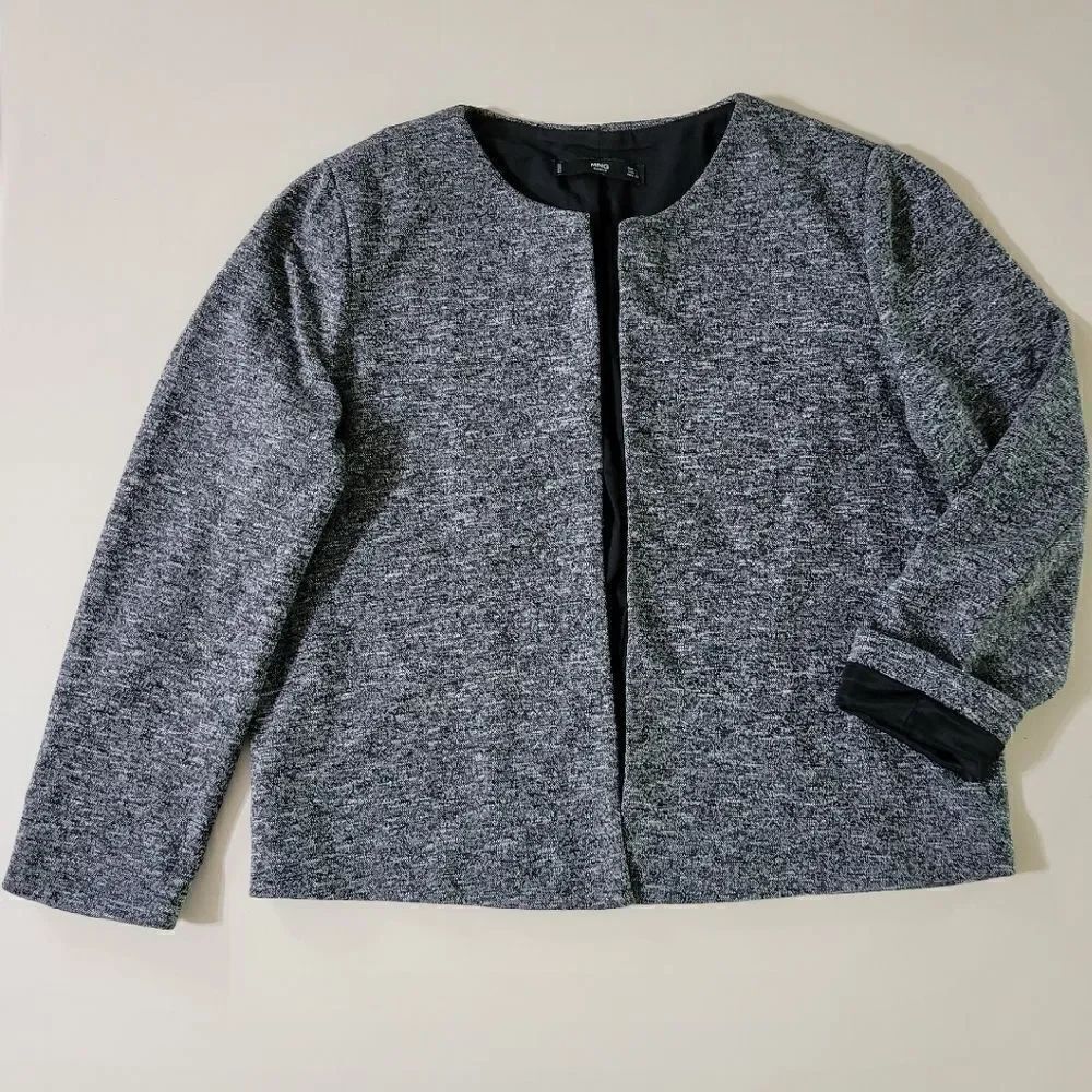 MNG by Mango Women's Black Chaqueta Pony Tweed Open Front Round Neck Jacket